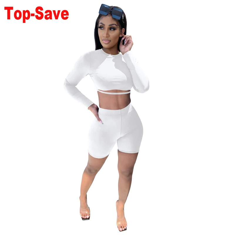 

Sporty Ladies 2 Piece Set Long Sleeve Elegant 2020 Autumn Winter Club Wear Women Two Piece Set Solid Casual Bandage Biker Shorts