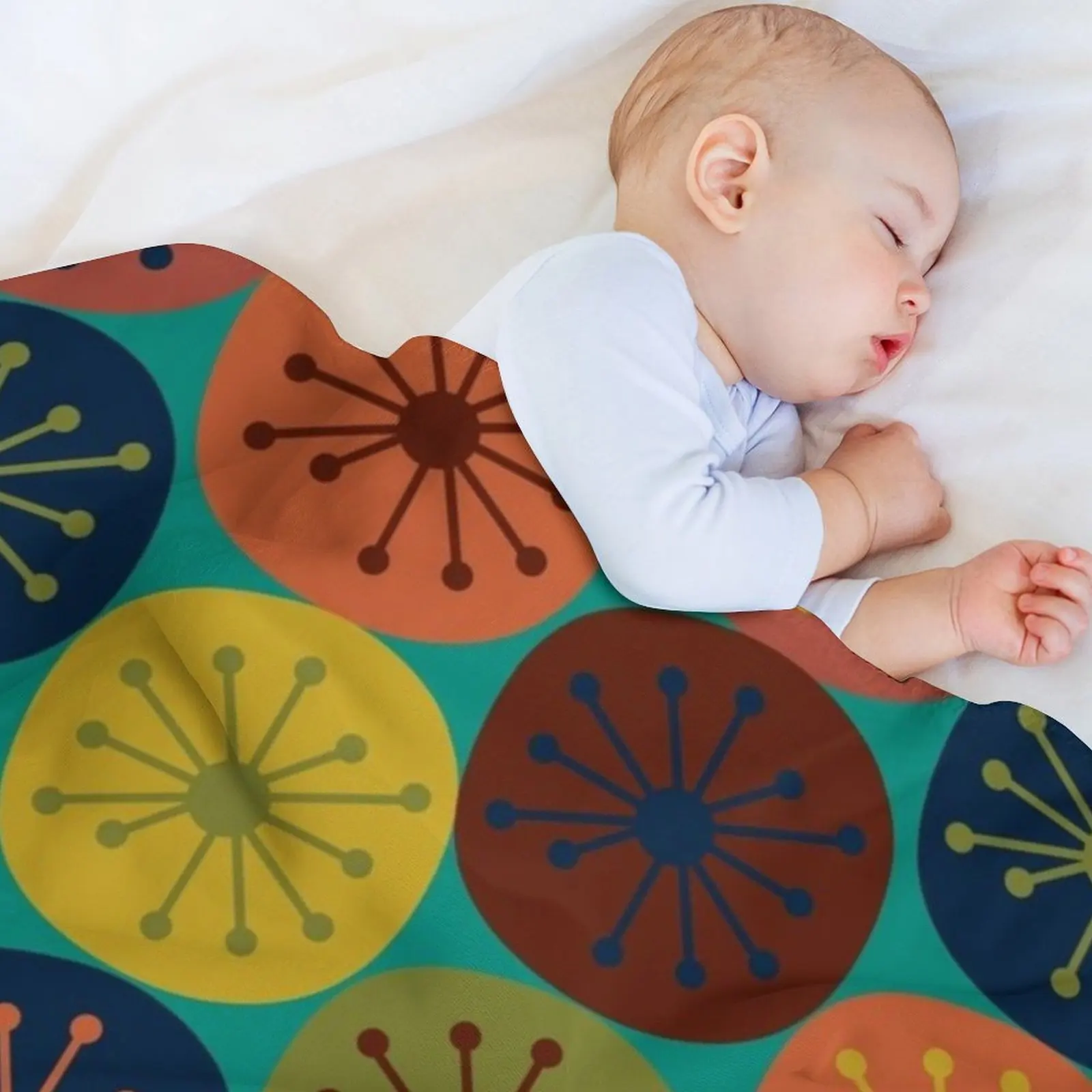 Фото Плед Atomic Retro Dots с узором в стиле Mid-Century Modern, в цветах Mid Mod Teal, оливково-зеленый, горчичный, оранжевый, синий, бирюзовый и тюркоазовый. №3