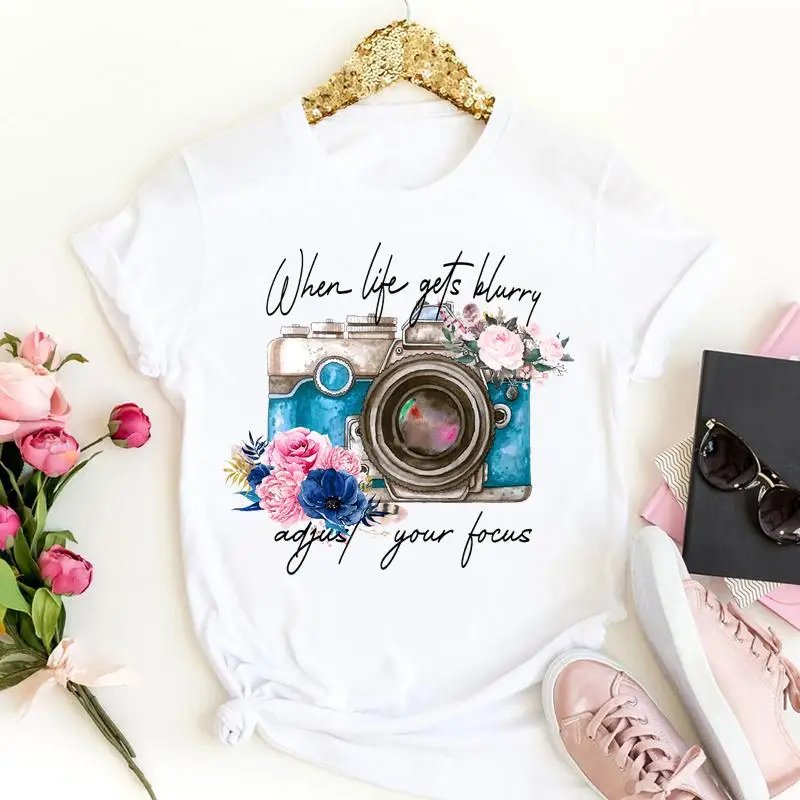 

Tees Ladies Camera Flower Vintage 90s Fashion Short Sleeve Summer Female Clothes Tshirts Tops Women Cartoon Graphic T-Shirt