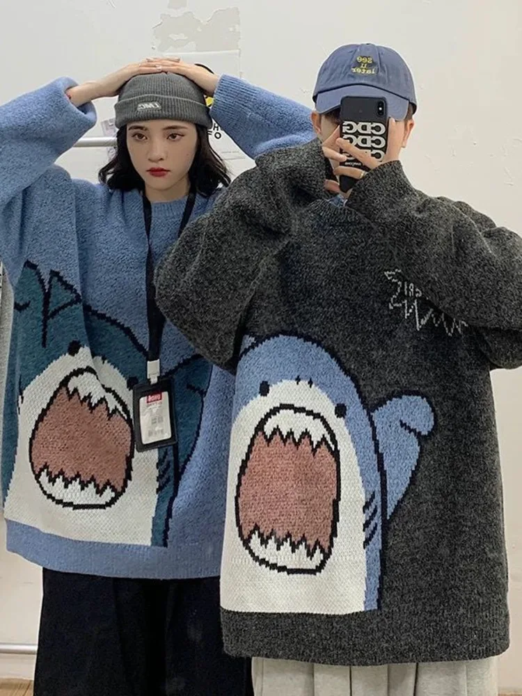 

Men Women Shark Print Sweater Patchwor Harajuku Korean Style Fashion Long Sleeve Pullover Round Neck Cartoon Knitwear Tops