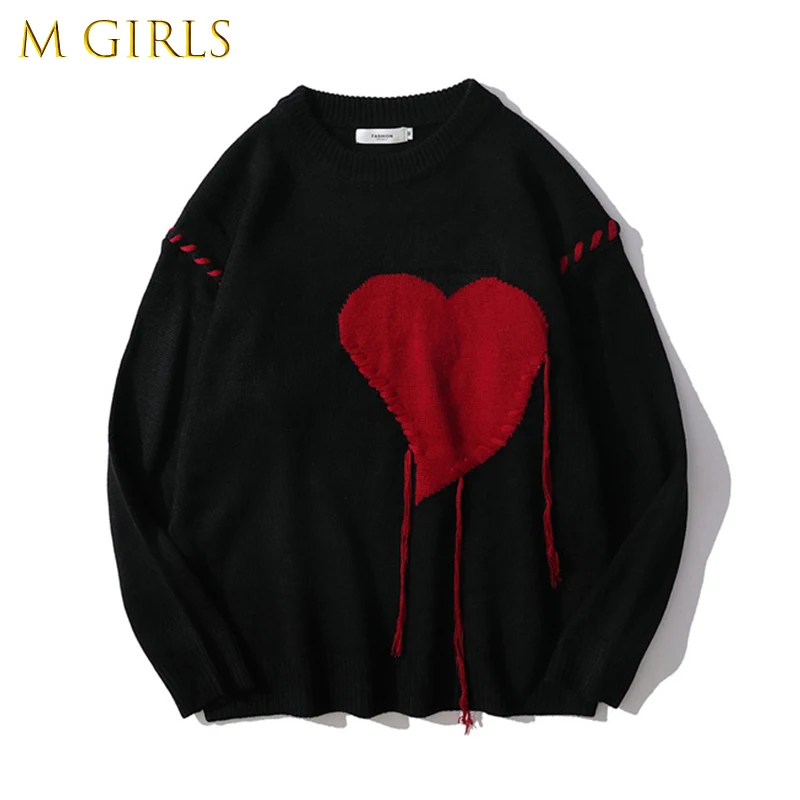 

M GIRLS Harajuku Love Pattern Knitted ugly Sweater Men Letter Punk Rock Black Red Gothic Vintage Grandpa Sweater Women Cute