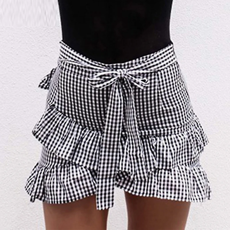 

Lovery Sweat Women Plaid Skirt Stretch High Waist Skater Flared Ruffle Skirt Lady Fashion Pleated Skirt Short Mini Beach Skirts