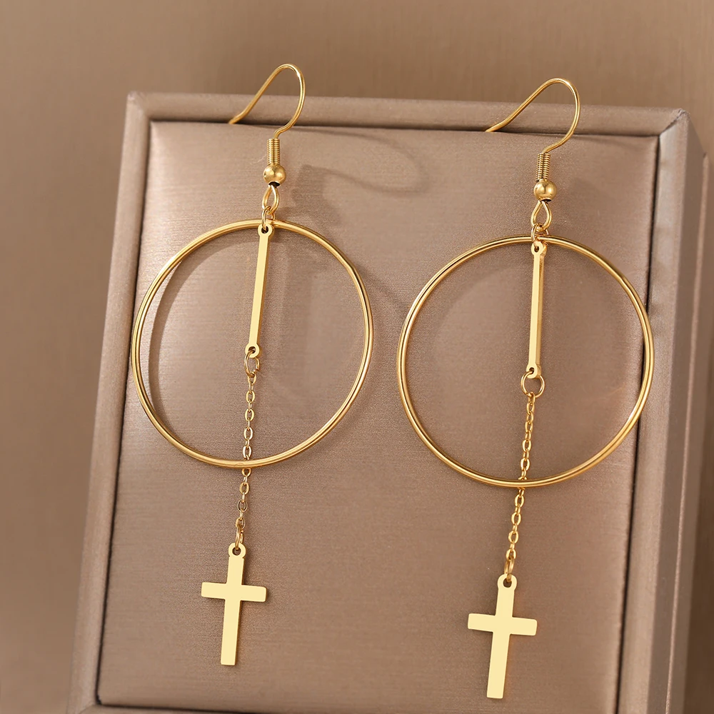 

Серьги из нержавеющей стали, крупные геометрические серьги-подвески в готическом стиле с крестом и кисточками, ювелирные изделия для женщи...