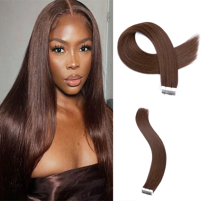 Dark Brown Real Human Hair Tape in Hair Extensions Soft Silky Straight Seamless Skin Weft Tape in Hair Extensions For Women