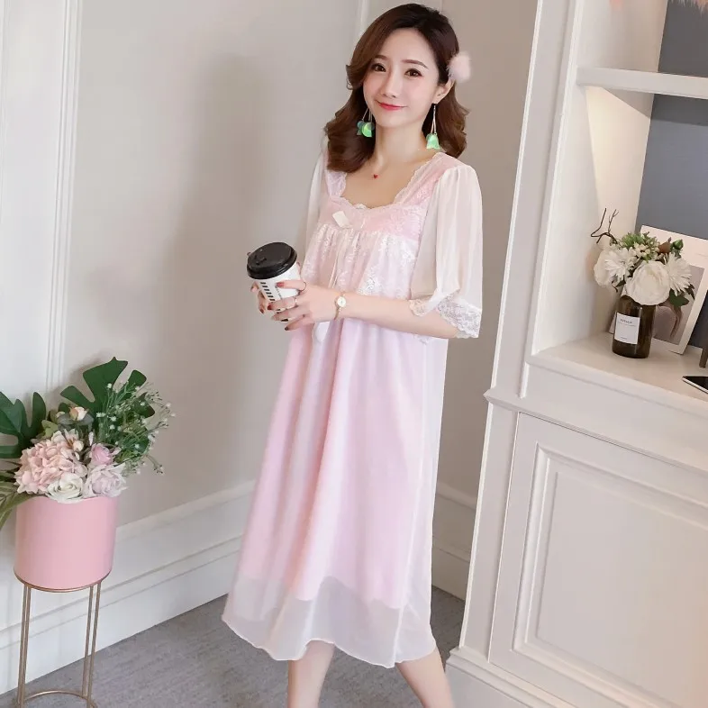 

2022 New Summer Princess Style Dress Pure Cotton Lace Home Clothes Nightdress Women's Court Nightgown Female Sleepwear Nightwear