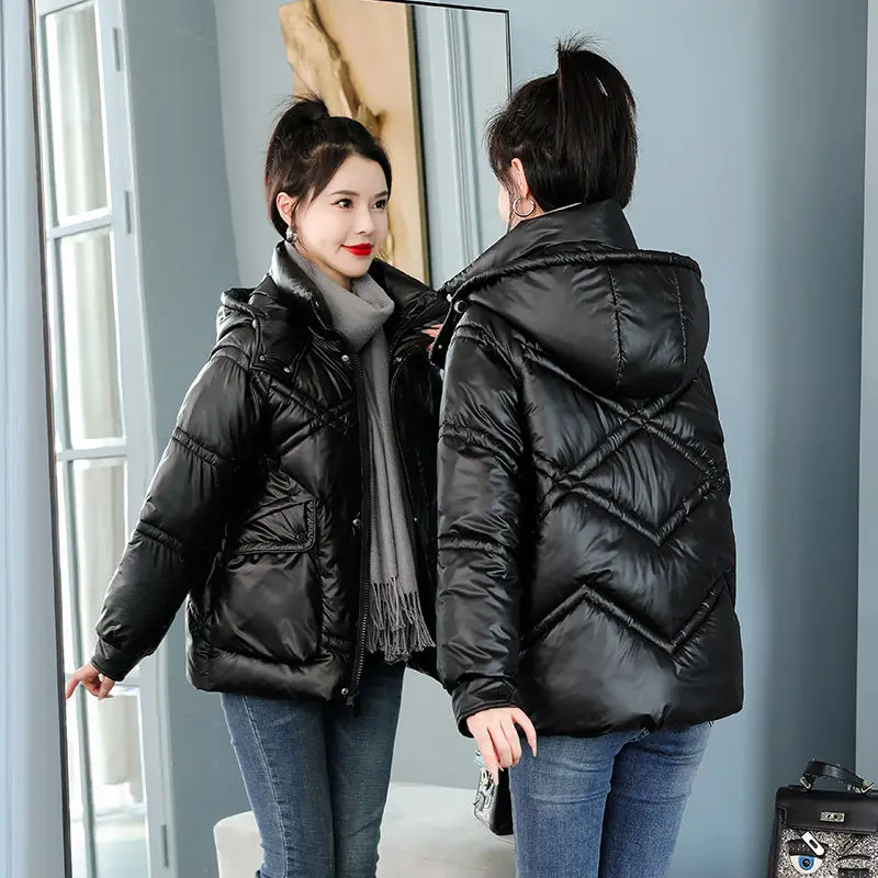 Winter Short Fashion Parkas Women 2023 New Loose Jacket Hooded Parka Warm Glossy Cotton Padded Casual Outwear Female C26