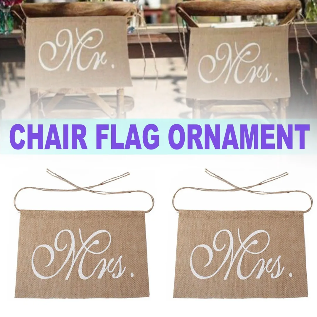 2pcs Mr Mrs Chair Banners Set Burlap Fabric Flags Bride Groom Chair Sign Photo Props Wedding Supplies Wedding Decoration