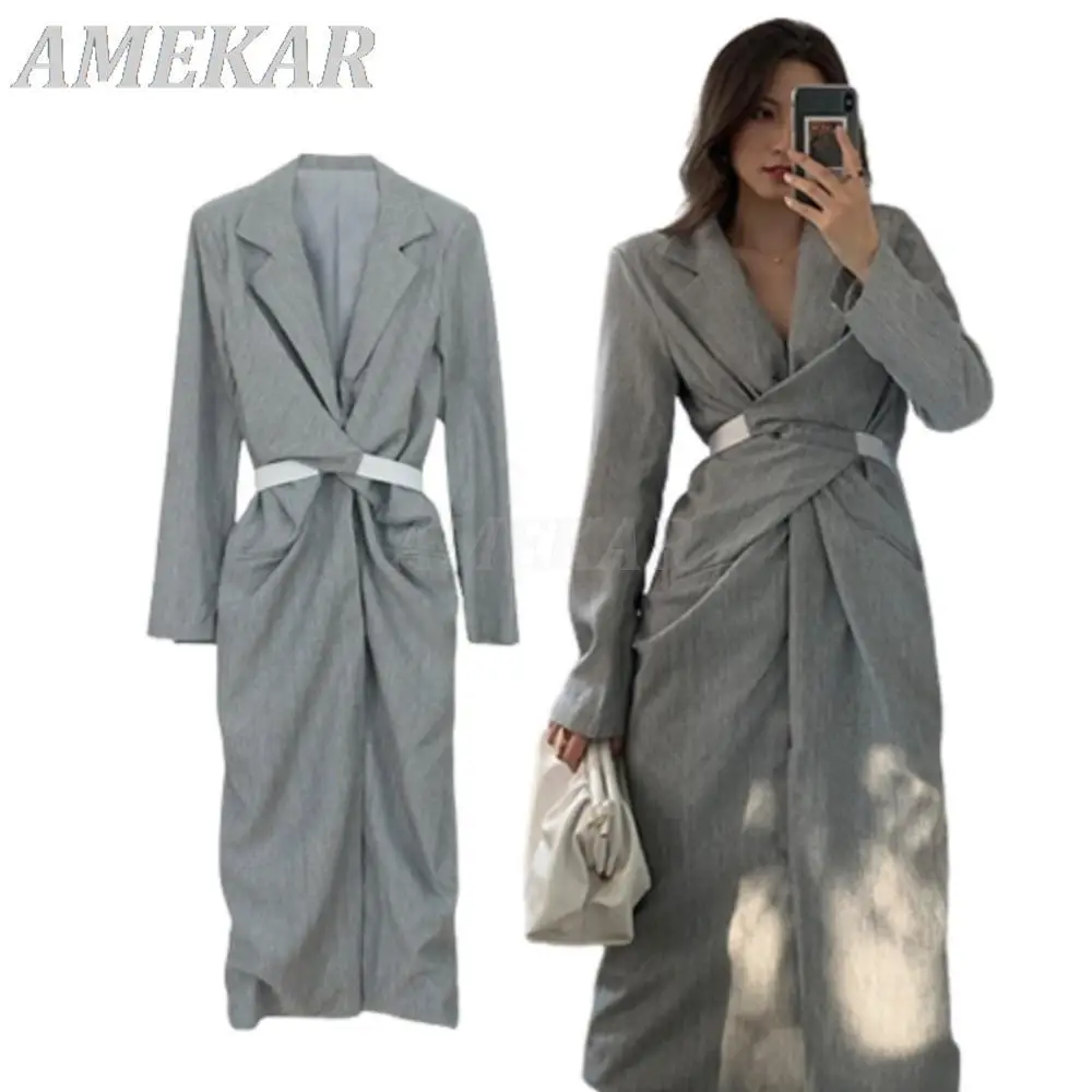 Elegant Twist Waist Grey Party Dress Robe For Women Pleated Knot Long Dress Lady Spring Korean Fashion Clothing New Dress Outfit