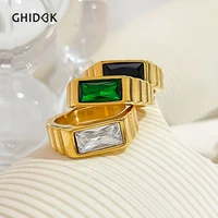 ghidbk 316l stainless steel rectangle green cz gold color ring women statement zircon metal texture finger rings gift waterproof