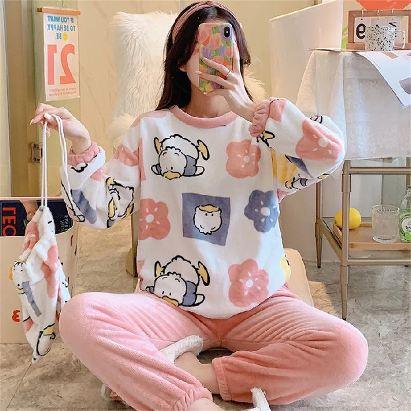 3PCS/Set Pajamas Set Casual Sleepwear For Women Warm Full Cartoon Pyjama Women's Flannel Winter Fashion/Autumn Soft Homewear