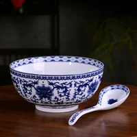 9 inch Jingdezhen Ceramic Big Bowl Ramen Soup Bowls Thickened Blue and White Porcelain Fruit Salad Mixing Bowl Noodle Fruit Bowl