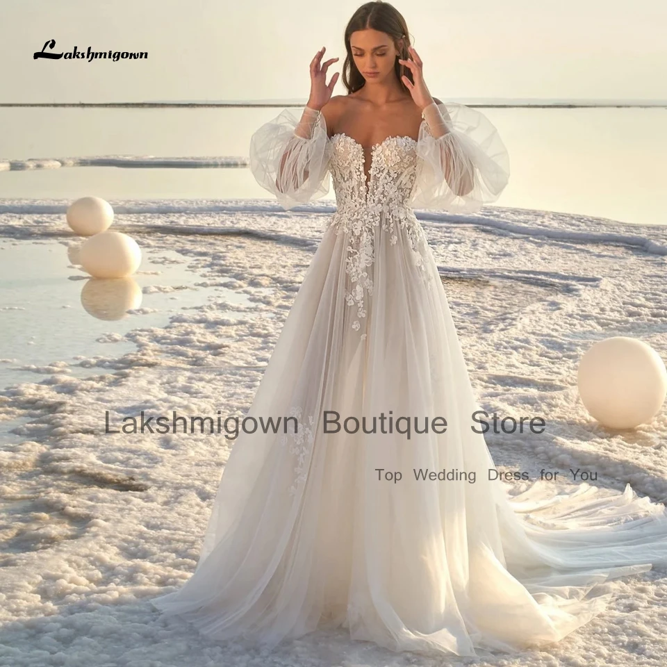 

Lakshmigown Corset Beach Wedding Dress Summer Puffy Long Sleeve Civil Tulle Bridal A Line Wedding Gowns 2023 Robe de Mariee