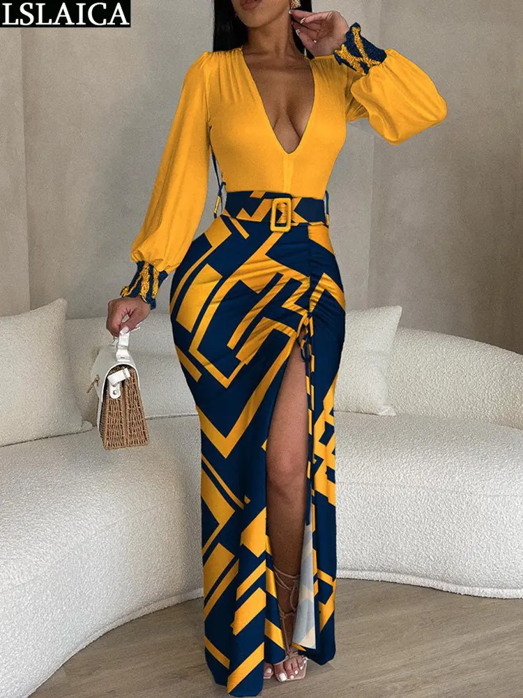 

Long Sleeve Dress Party Night Hem Split Elegant Dresses Women 2023 Deep V Neck Fashion Bodycon Womens Clothing Sexy Colorblock