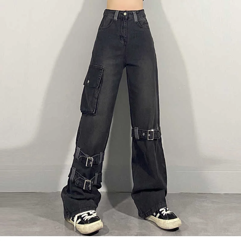 

High Street Zipper Lace Jeans Women's Spring 2022 New High Waist Black Straight Loose Multi-pocket Denim Overalls Streetwear