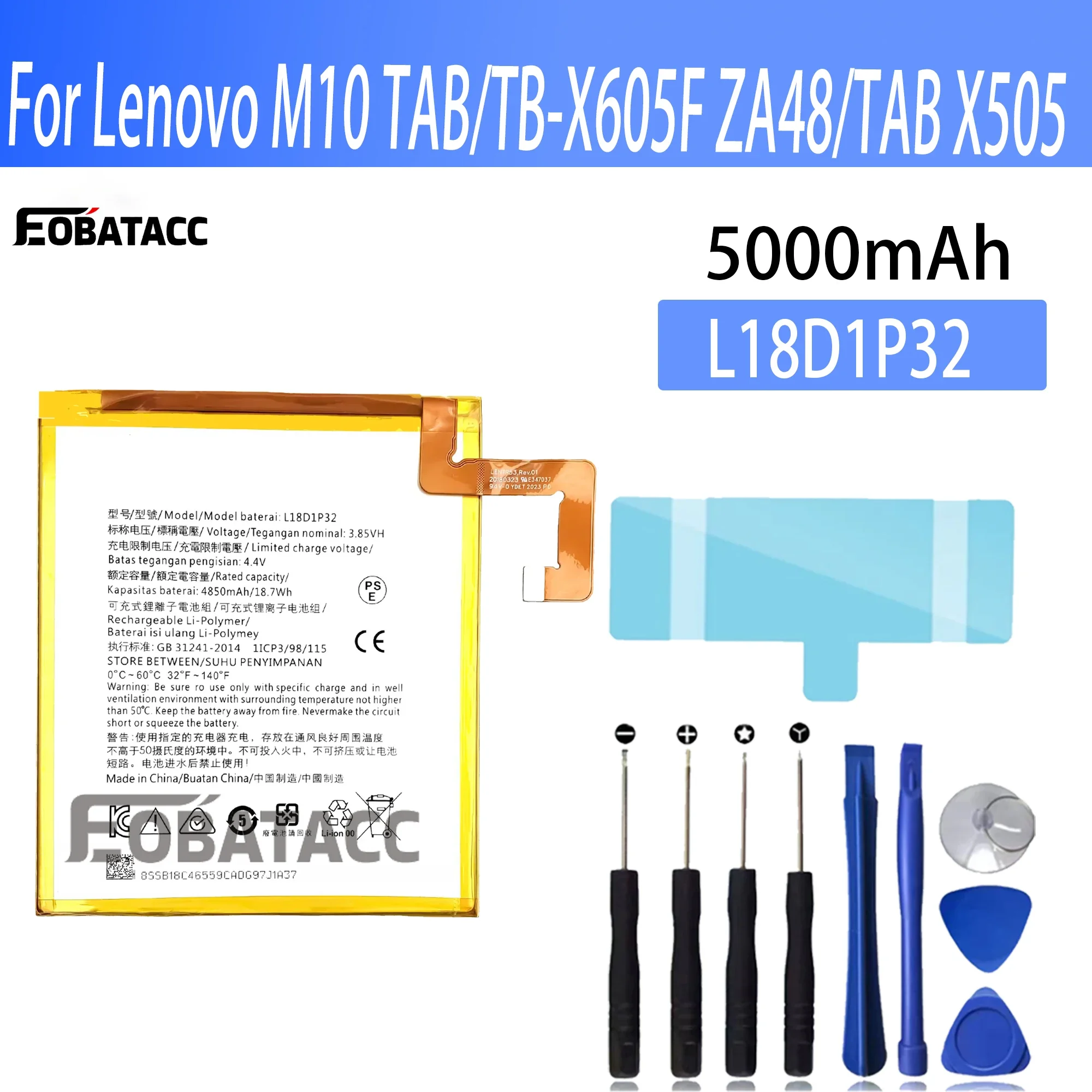 Фото Сменный аккумулятор L18D1P32 емкостью 4850 мАч для планшета Lenovo M10 TB-X605L TB-X605F TB-X605M TB-X505X X505L + инструменты №1