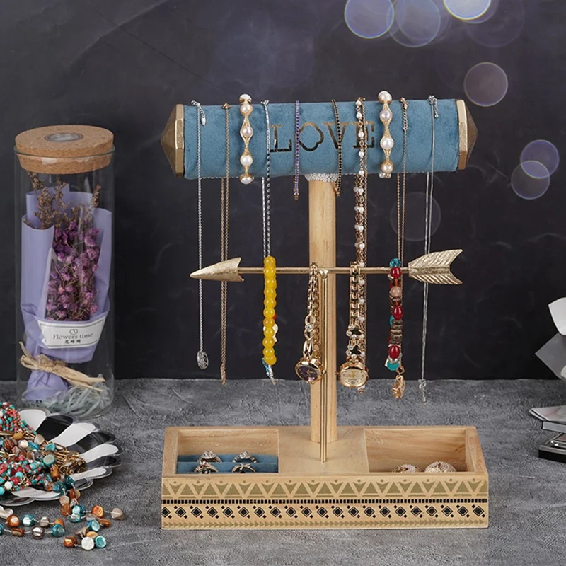Jewelry Holder Stand, Metal & Wood Necklaces Holder, Jewelry Tree For Necklaces Bracelet Earrings And Ring