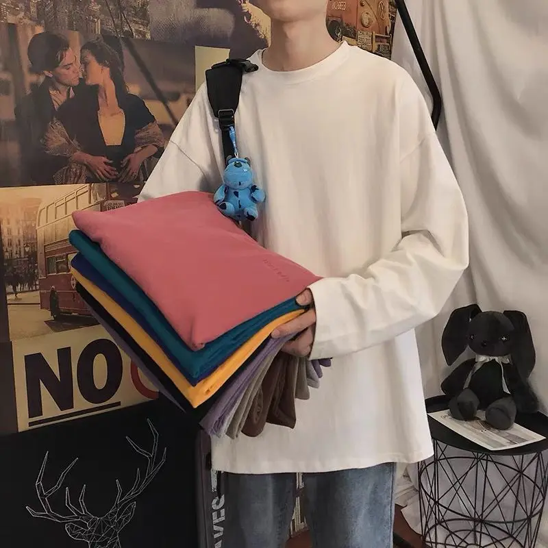 

Men's Long Sleeved T-shirt Spring And Autumn Cotton Candy Colors Loose Bottomed Shirt Thin Oversized Top Fashion Male Clothing
