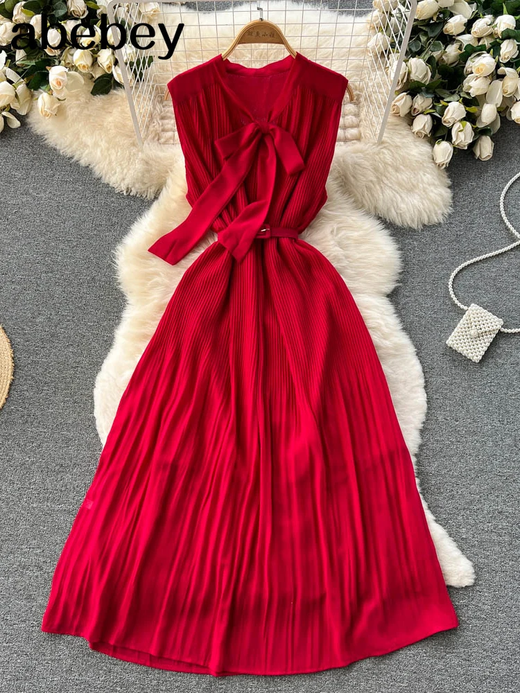 Женское шифоновое платье миди без рукавов винтажное с рюшами бантом на воротнике