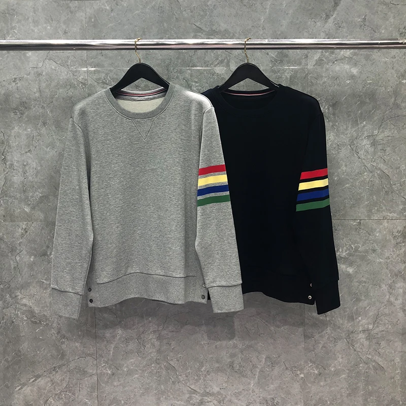 Multicoloured Sweatshirts Men Pure Cotton 4-bar Stripe O-neck Luxury Brand Men's Pullovers Korean Style Loose Women's Jersey