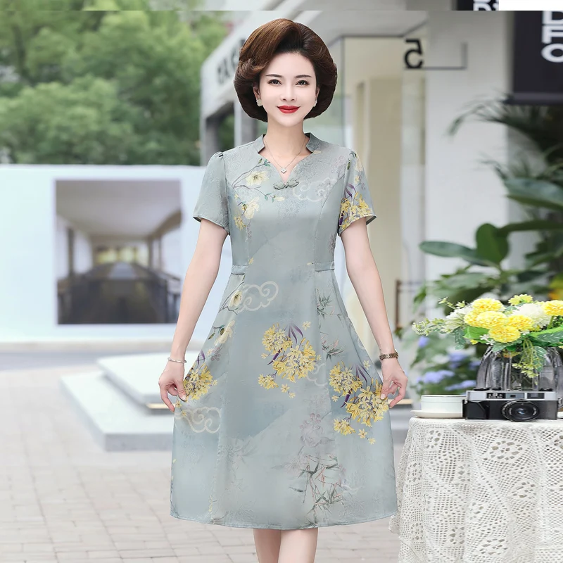 

Летние платья для женщин среднего возраста модное элегантное платье с коротким рукавом в китайском стиле с принтом на застежке женское винтажное платье
