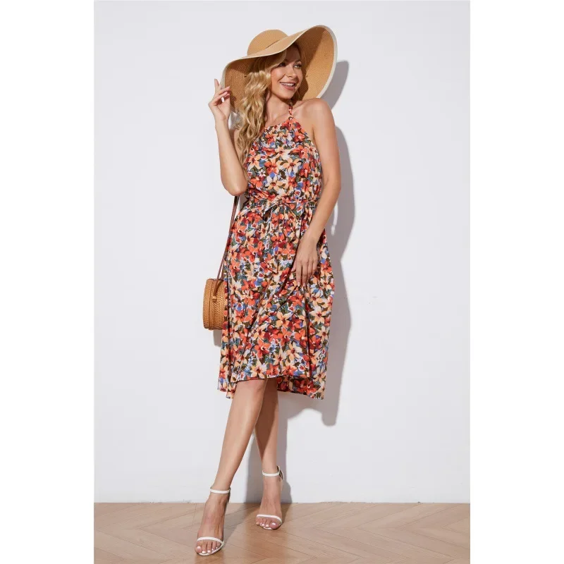 Новинка 2022 летнее платье с завышенной талией и принтом на шее из Европы Америки