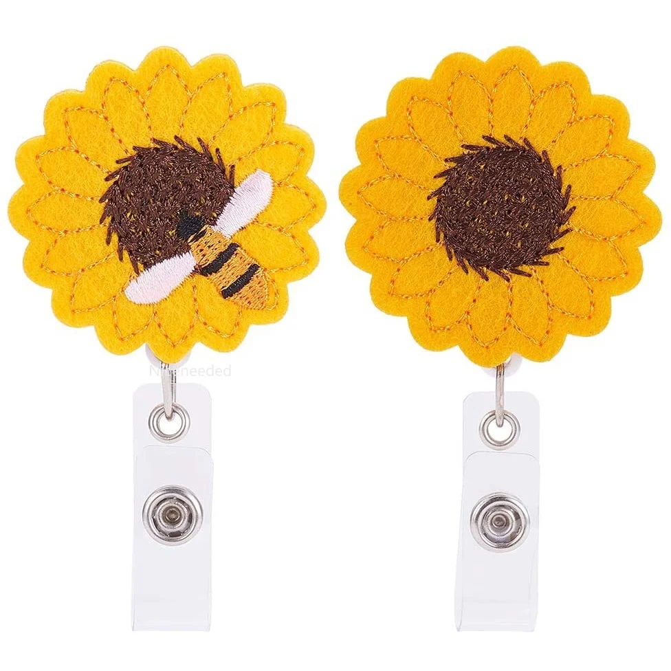 

2pcs Sunflower Bees Nurse Badge Reel Card Holders Cloth with Alligator Clip 24 inch Retractable Cord for Office