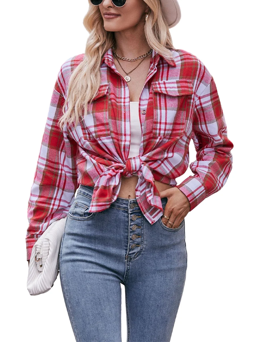 

Jemeigar Womens 2023 Casual Trendy Long Sleeve Tie Knot Plaid Loose Dressy Blouses Spring Fall Collared Button down Shirts