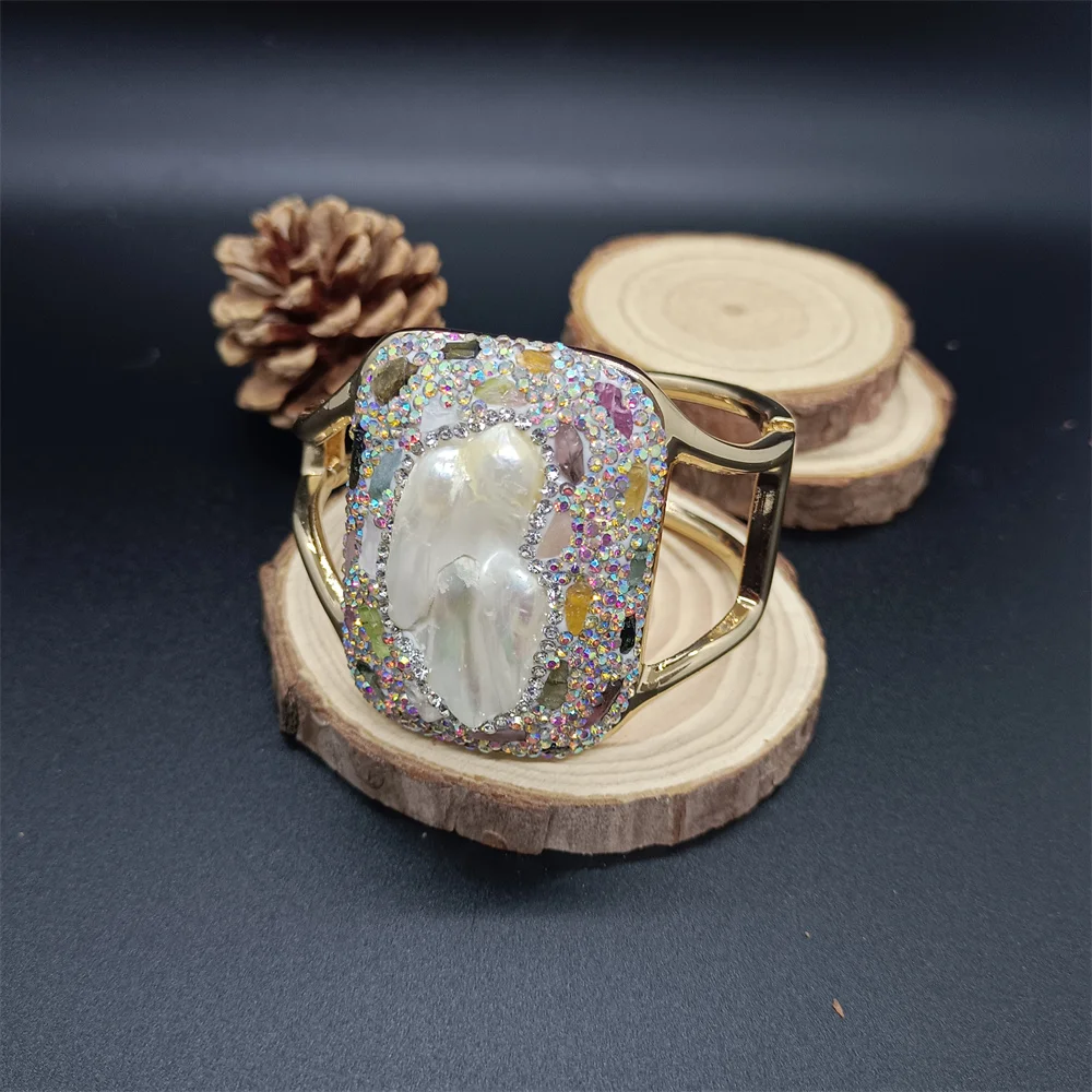 

Natural Baroque Pearl Tourmaline Women's Bracelet Real Gold Electroplating Color-preserving Personality Exaggerated Lady Jewelry