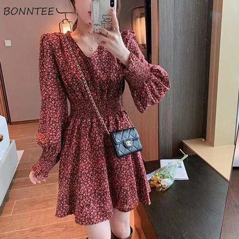 Dresses Women Retro Print Korean Style V-neck Design Casual Chic Trendy Party Wear Simple Student Mini All-match Daily Holiday