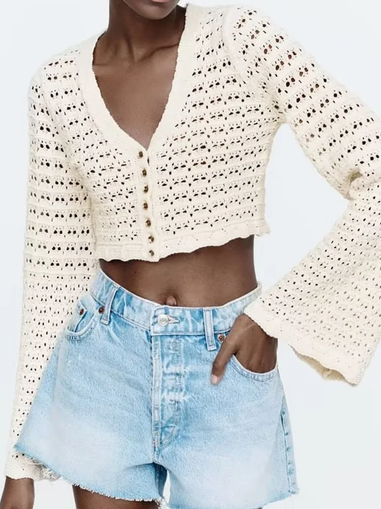 

Fashion Casual Solid Knit Cutout Cardigan Top Coat Summer Long Sleeve Single-breasted Sweaters 2022 Women Clothing