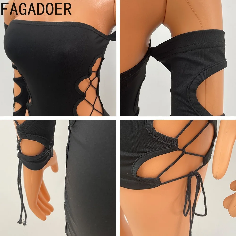 Черное пикантное однотонное мини-платье FAGADOER с вырезами и открытыми плечами 2024