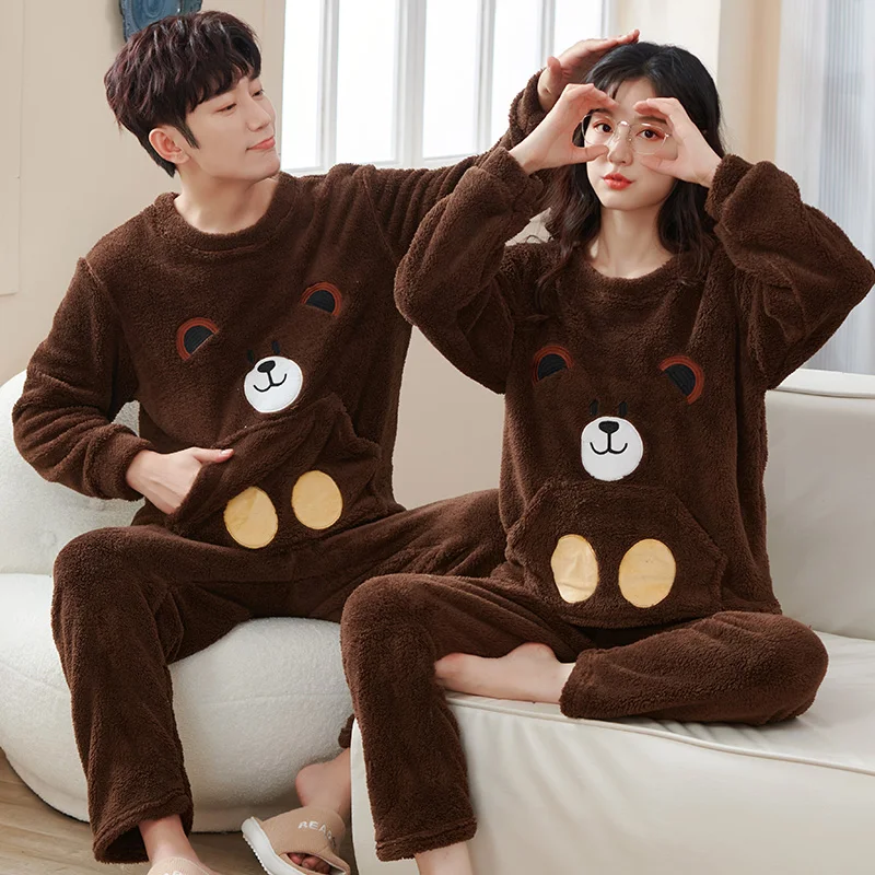 Autumn Winter Couple Pyjamas Flannel Pajamas Set Men Women Cute Cartoon Sleepwear Pijamas Mujer Warm Home Clothing