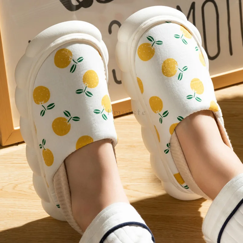 Cute Fruit Printed Women Platform Slippers Winter Casual Home Slippers Soft Warm Plush EVA Non-slip Slippers Indoor Female