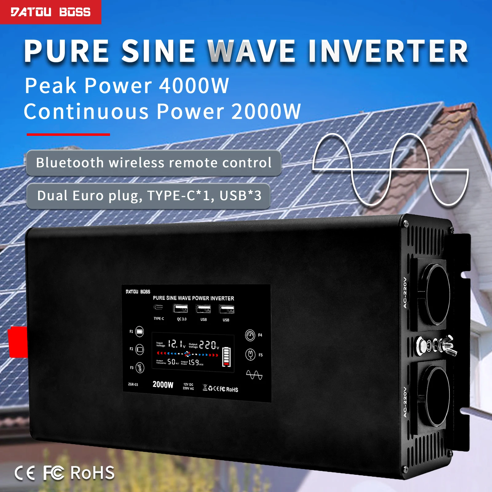 

DATOUBOSS Pure Sine Wave Inverter 4000W Solar Inverter DC 12V 24V 36V 48V 60V to AC 220V 230V Inverter Continuous Power 2000W