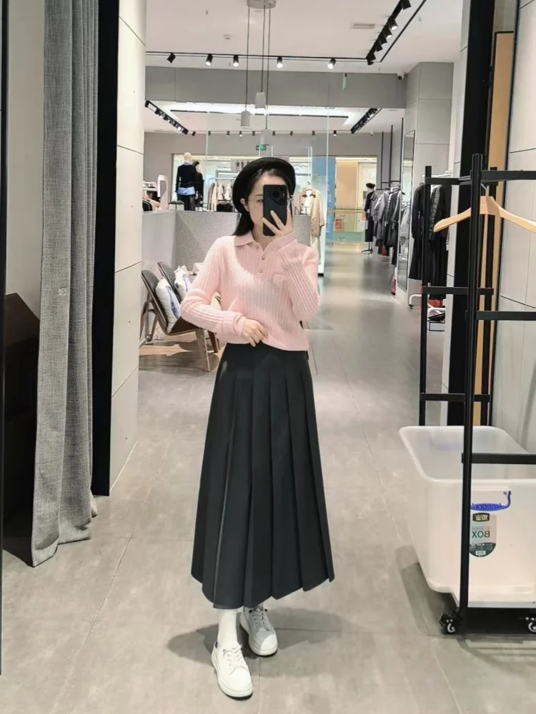 Зима 2024 новый микрофон модный простой и универсальный розовый воротник-поло с