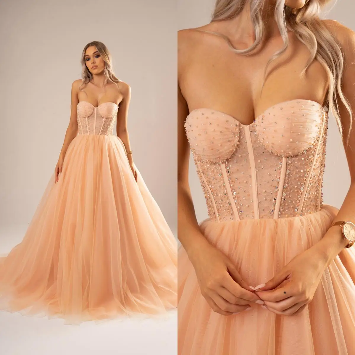 

14688#VAN Champagne High Quality Peach Nude Sparkling Assorted Beads Boning Corset Puffy Tull Lace Up Evening Dress Prom Gown