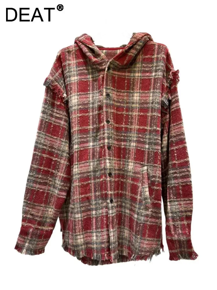 DEAT Женская блузка в красную клетку с длинными рукавами и капюшоном однобортная