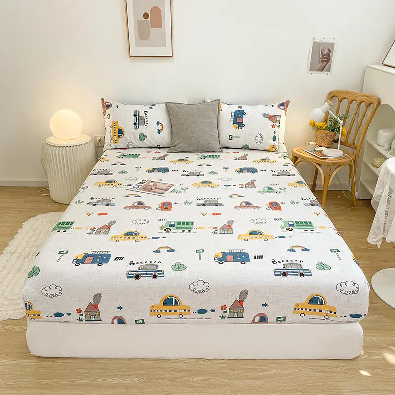 

Yaapeet 1pc Pure Cotton Fitted Bed Sheet With Elastic Cartoon Car Print Bed Cover Single Queen Size Bottom Sheet(No Pillowcase)