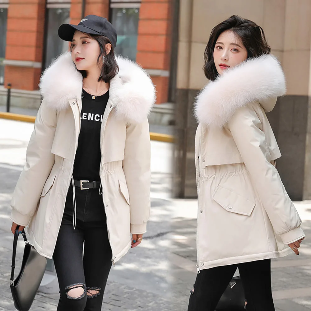 2022 New Winter Jacket Women's Parkas Hooded Coat Casual Long Fur Lining Cotton Padded Warm Female Jacket Outwear