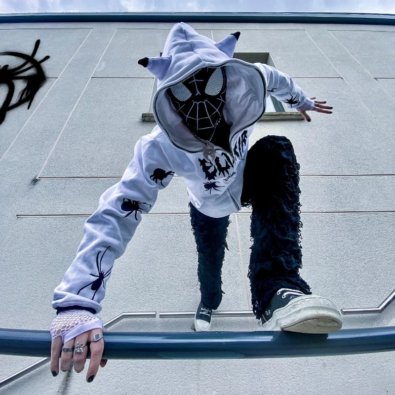 

Y2k мужская одежда Харадзюку толстовка на молнии 2023 оверсайз Свитшот уличная одежда толстовка худи с рисунком паутины Готическая куртка топ