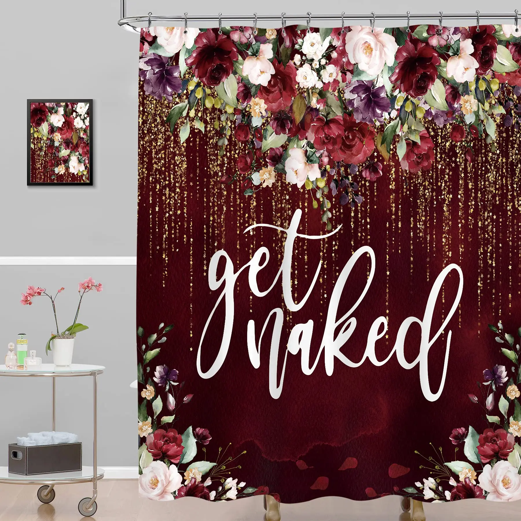 

Get Naked Floral Shower Curtain Burgundy Flowers Shiny Tassels Herbs Maroon Background Waterproof Fabric Bathroom Bathtub Decor