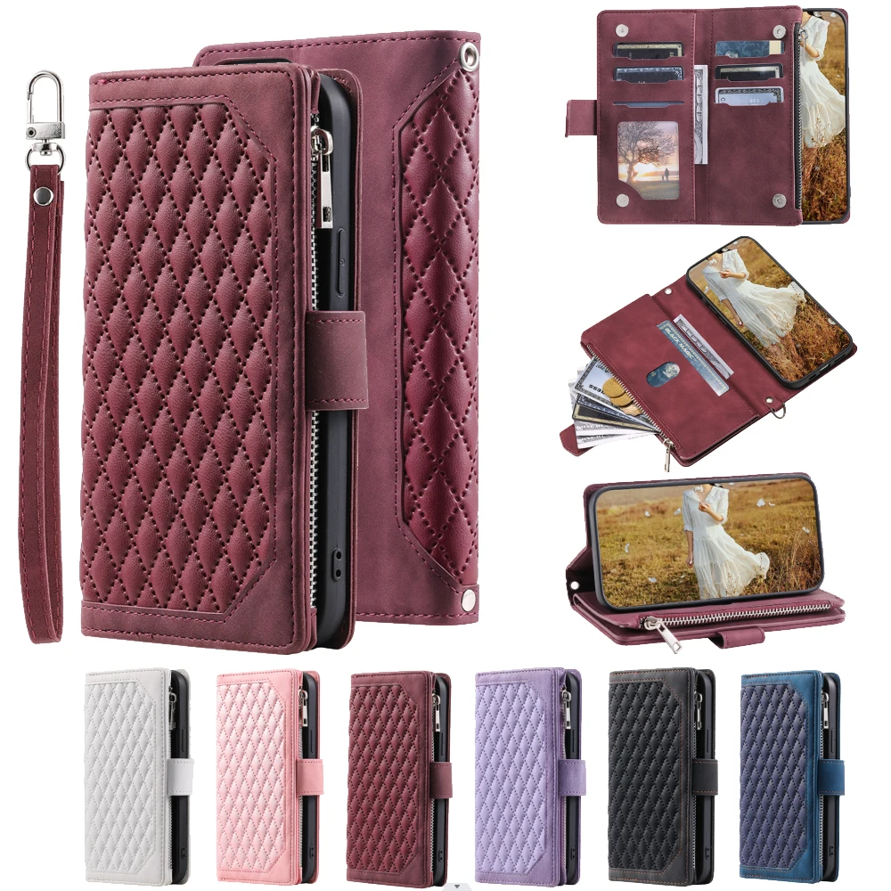 

Fashion Zipper Wallet Case For Oppo Reno8 Flip Cover Multi Card Slots Cover Phone Case Card Slot Folio with Wrist Strap