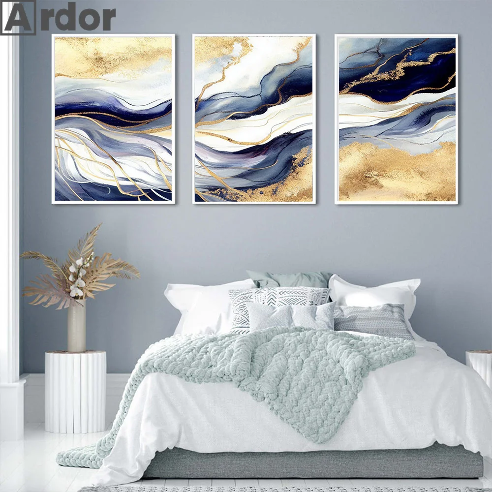 

Abstract Golden Geometry Marble Blue Poster Nordic Modern Canvas Painting Art Print Wall Pictures Living Room Home Decoration