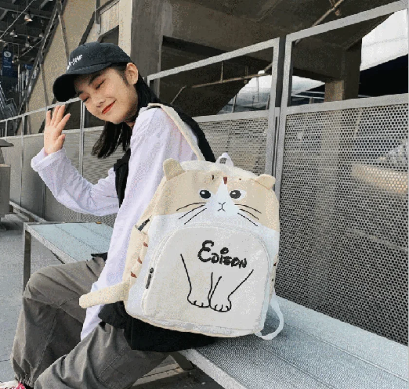 Personalized Cat Backpack Embroidered Name Large Capacity Student Backpack Cartoon Cute Canvas Student Bag Women's Bag