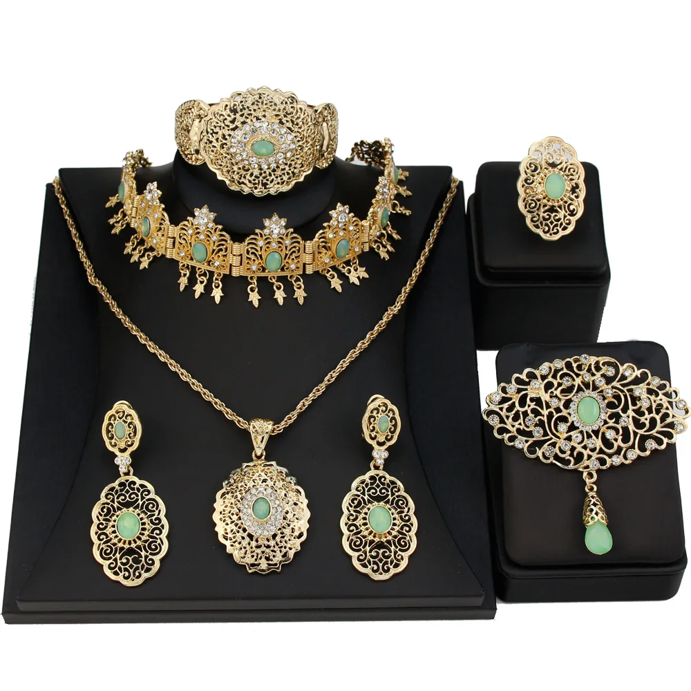 Sunspicems Gold Color Arabic Bride Wedding Jewelry Sets Morocco Caftan Accessories Hollowed Arabesques Pink Mint Green Crystal
