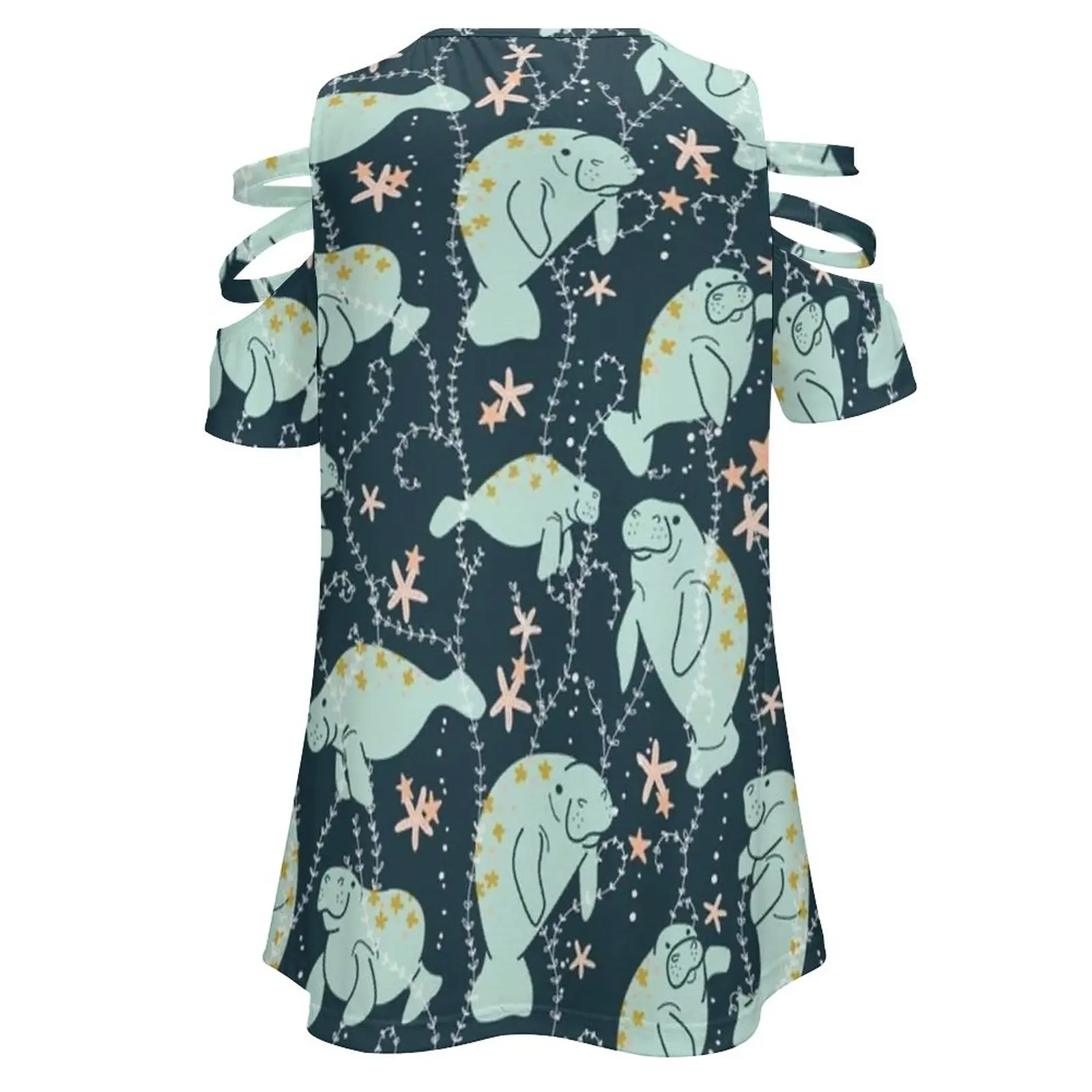 Фото Oh The Hue-Manatee: бирюзовая женская футболка, летняя модная футболка с цветочным принтом и v-образным вырезом на молнии, полый пуловер, женский топ Manatee №3