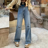 high waist casual wide leg jeans harajuku blue fashion long streetwear korean loose y2k pants kawaii smiley embroidered jeans