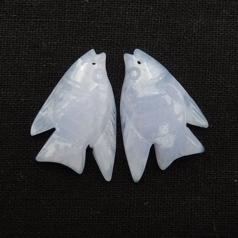 Semiprecious Customized Jewelry Natural Stone Blue Lace Agate Gemstone Carved Fish Earring Beads For Women 30x22x5mm 8g