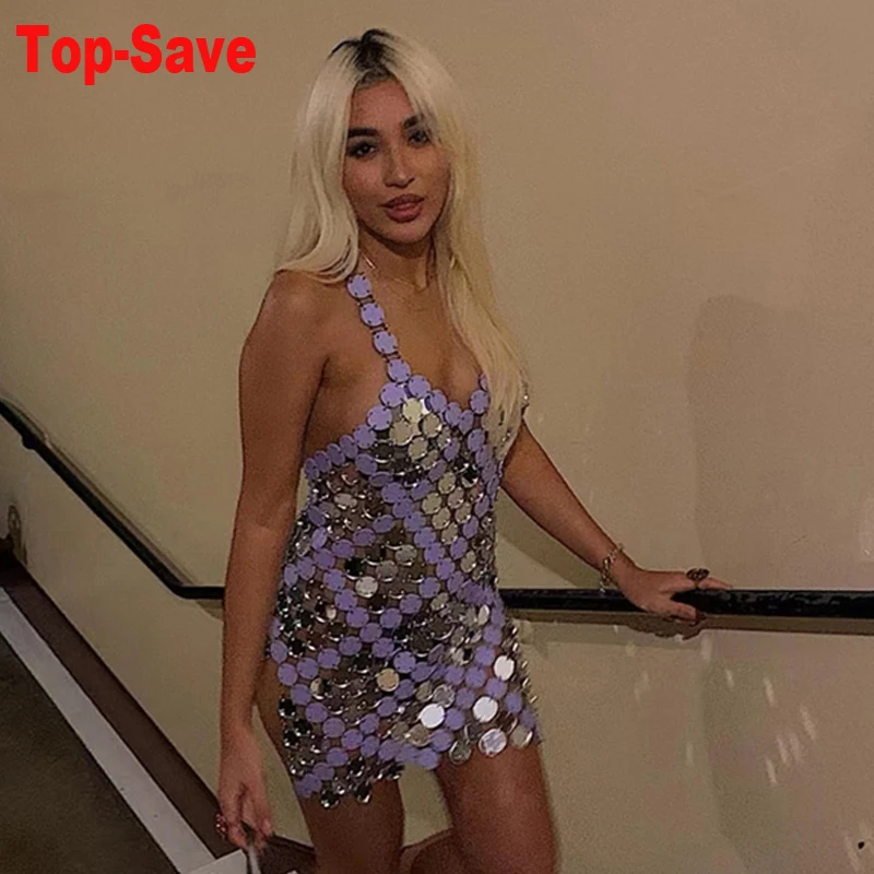 

Новинка 2022, сексуальное акриловое платье с открытой спиной, женские высококачественные элегантные блестящие коктейльные платья, мини-платья на шнуровке с лямкой на шее