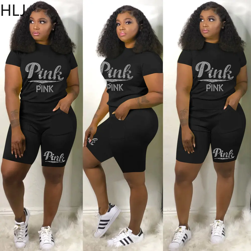 

HLJ Fashion PINK Letter Diamonds Shorts Sets Women Round Neck Tshirt And Shorts Two Piece Suits Summer Streetwear 2pcs Outfits